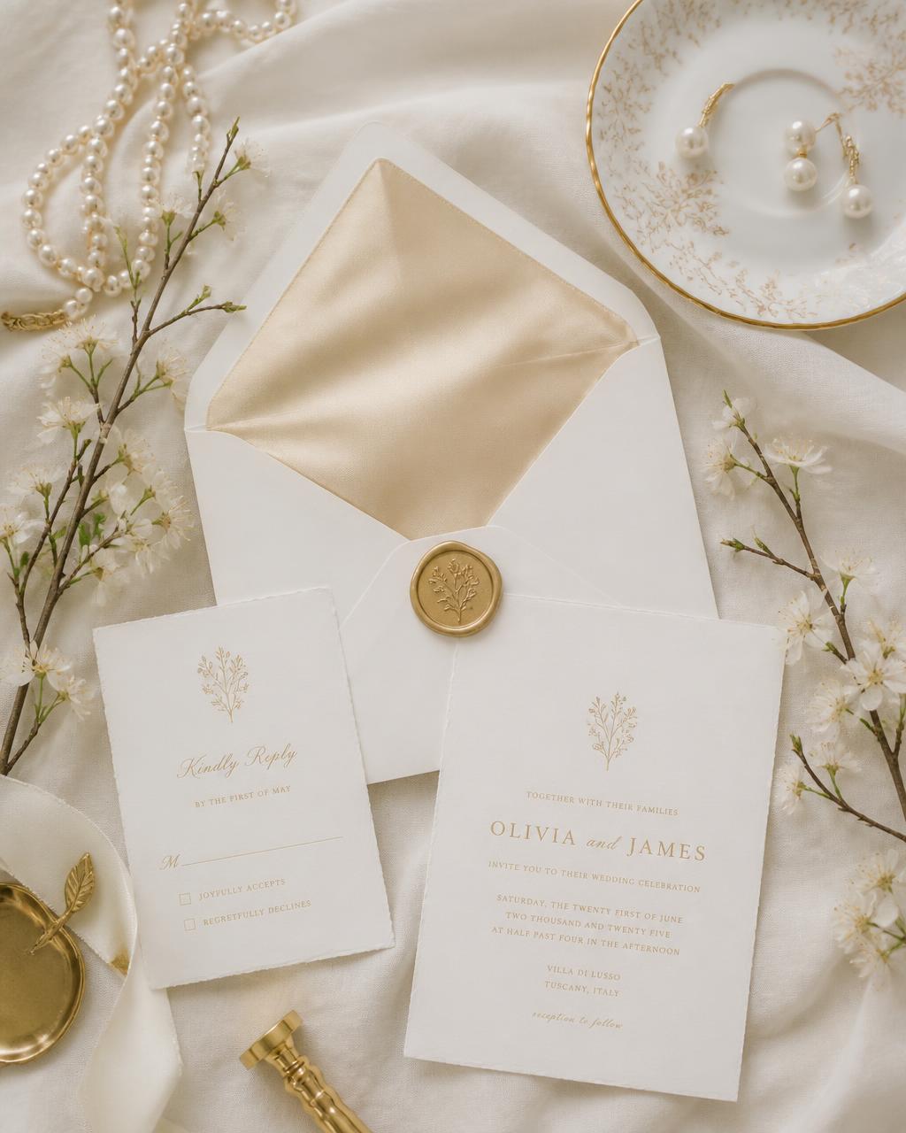 Envelope with silk liner, gold wax seal, pearls and white blossom
