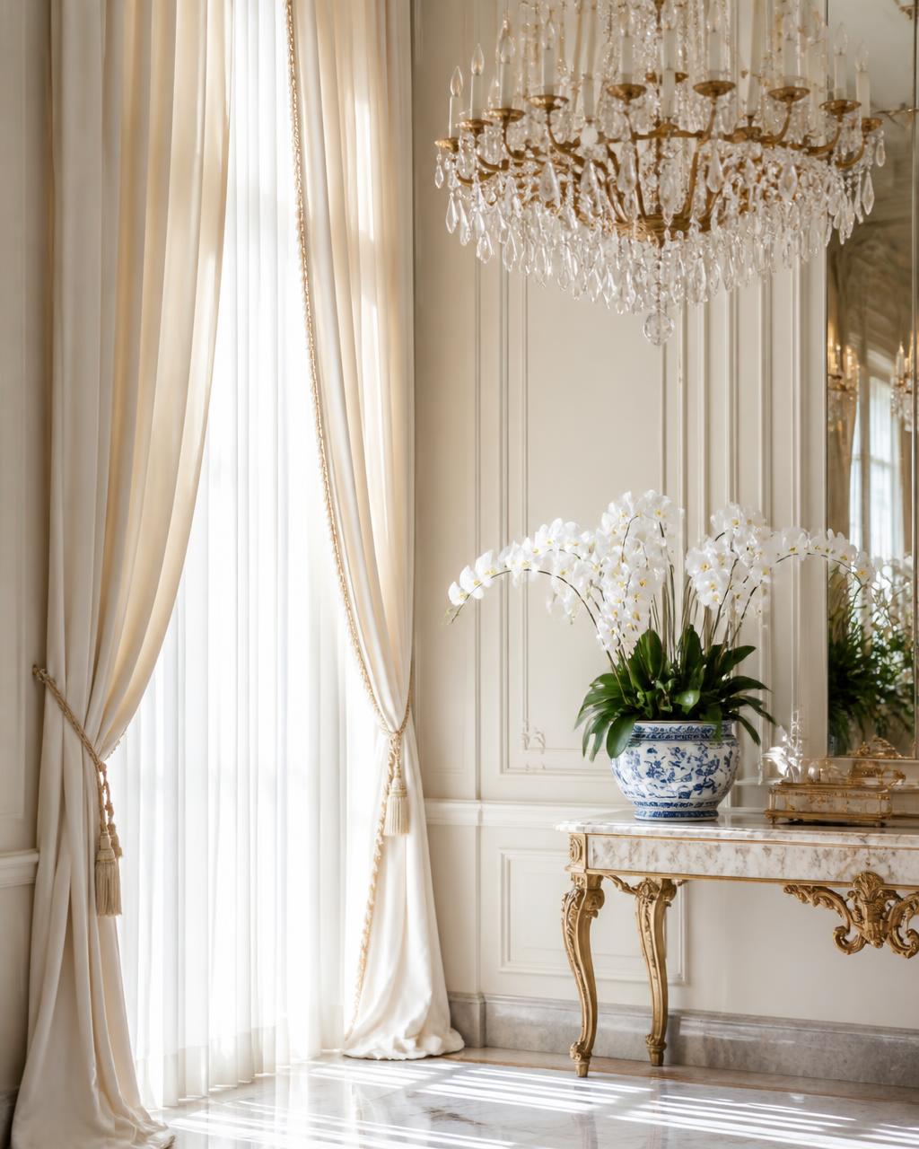Sunlit ballroom with crystal chandelier, marble console and white orchids