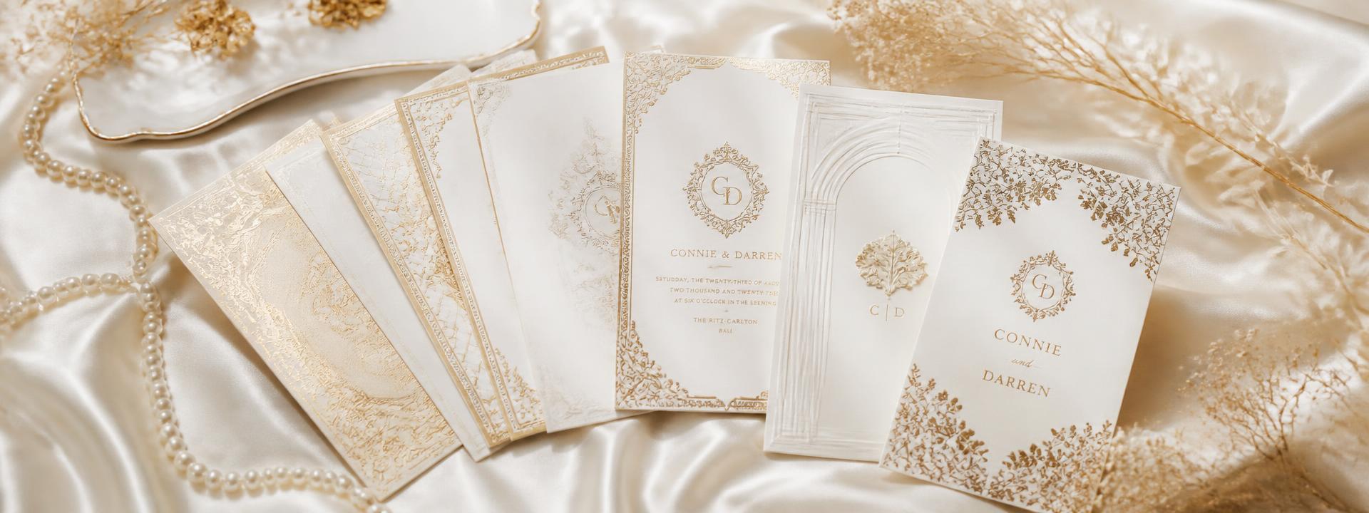 Fanned gold-foil invitation cards on cream silk with pearls