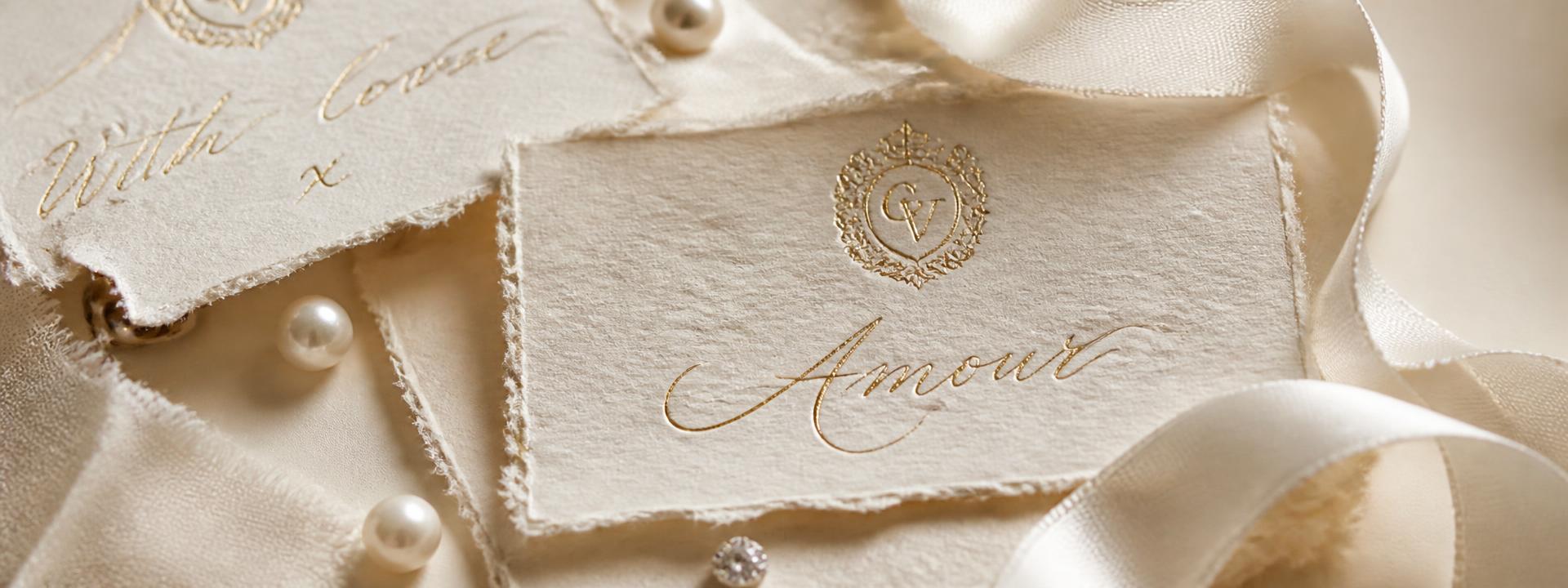Gold calligraphy on deckled cotton paper with pearls and silk ribbon